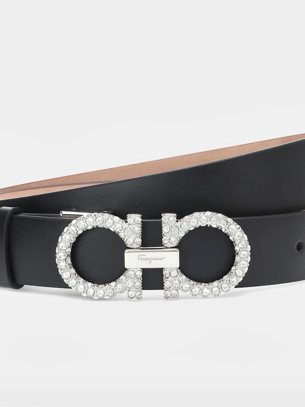 Salvatore Ferragamo Gancini Crystal-Embellished Reversible Leather Belt in Black